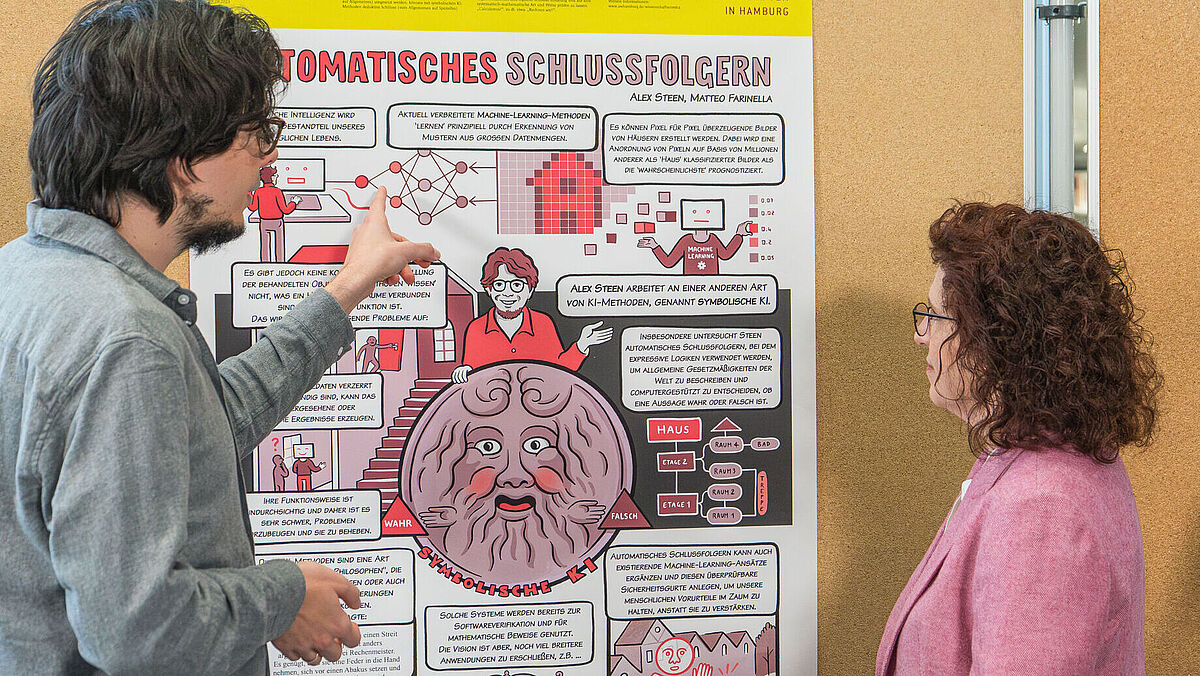 Stock image science communication A scientist explains his research poster.
