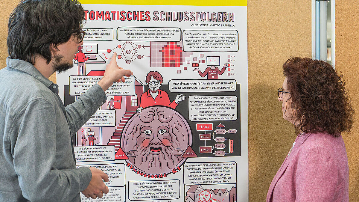 Symbolbild Wissenschaftskommunikation Ein Wissenschaftler erklärt sein Wissenschaftsposter.