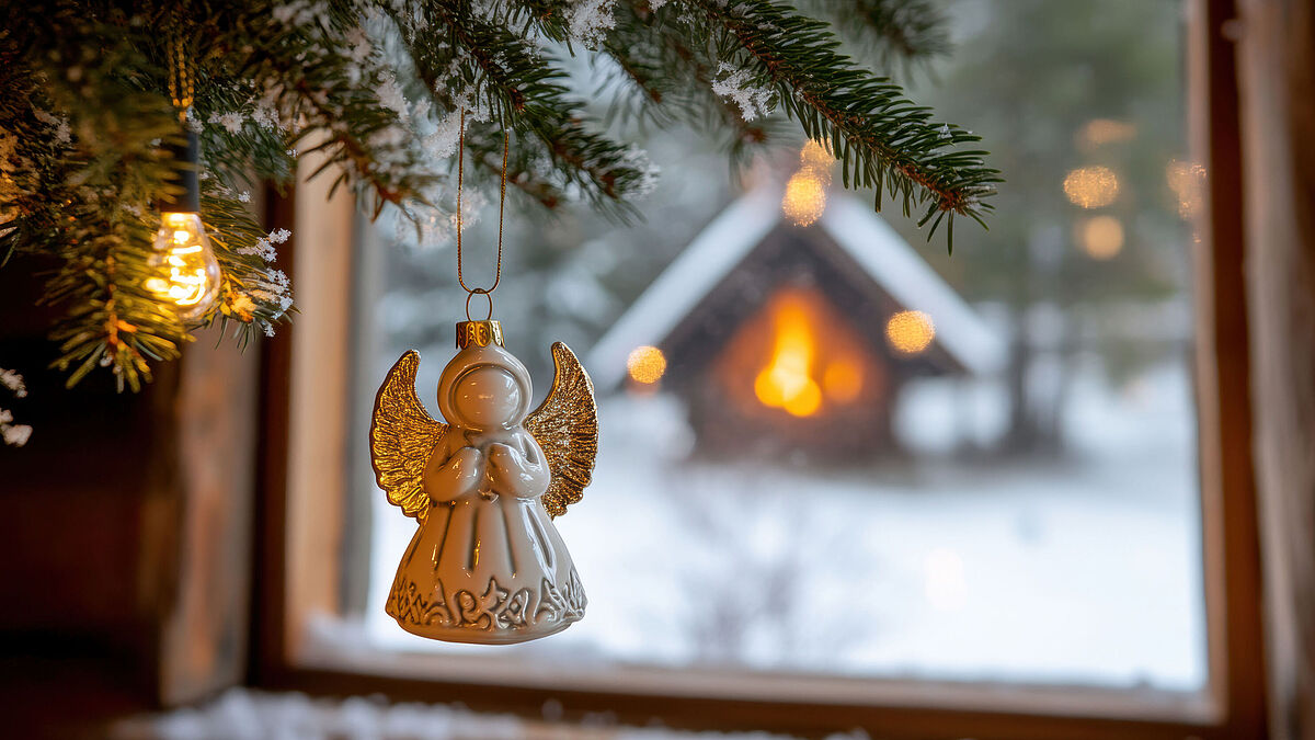 Engel im warmen Licht Ein Weihnachtsengel aus Ton hängt im Fesnter mit Tannenzweigen. Vor dem Fenster ist ein verschneiter Garten mit einer Hütte, die im warem Licht erstrahlt.